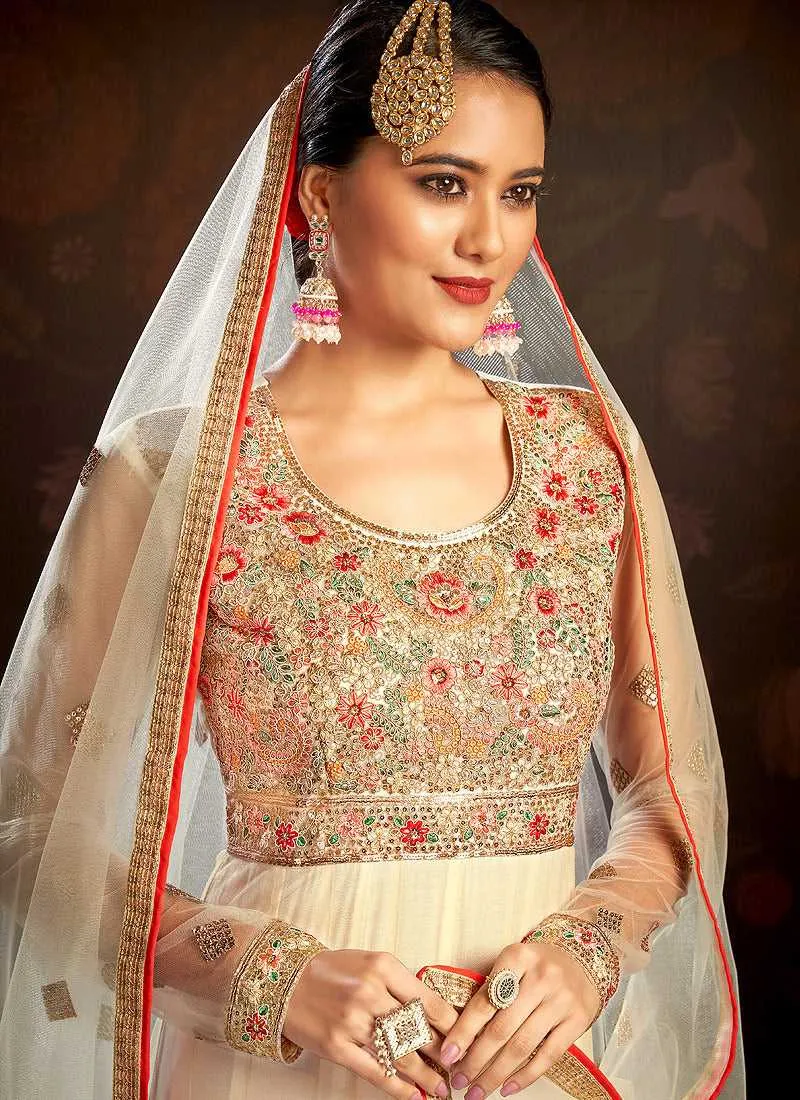 Off White Floral Embroidered Stylish Kalidar Anarkali