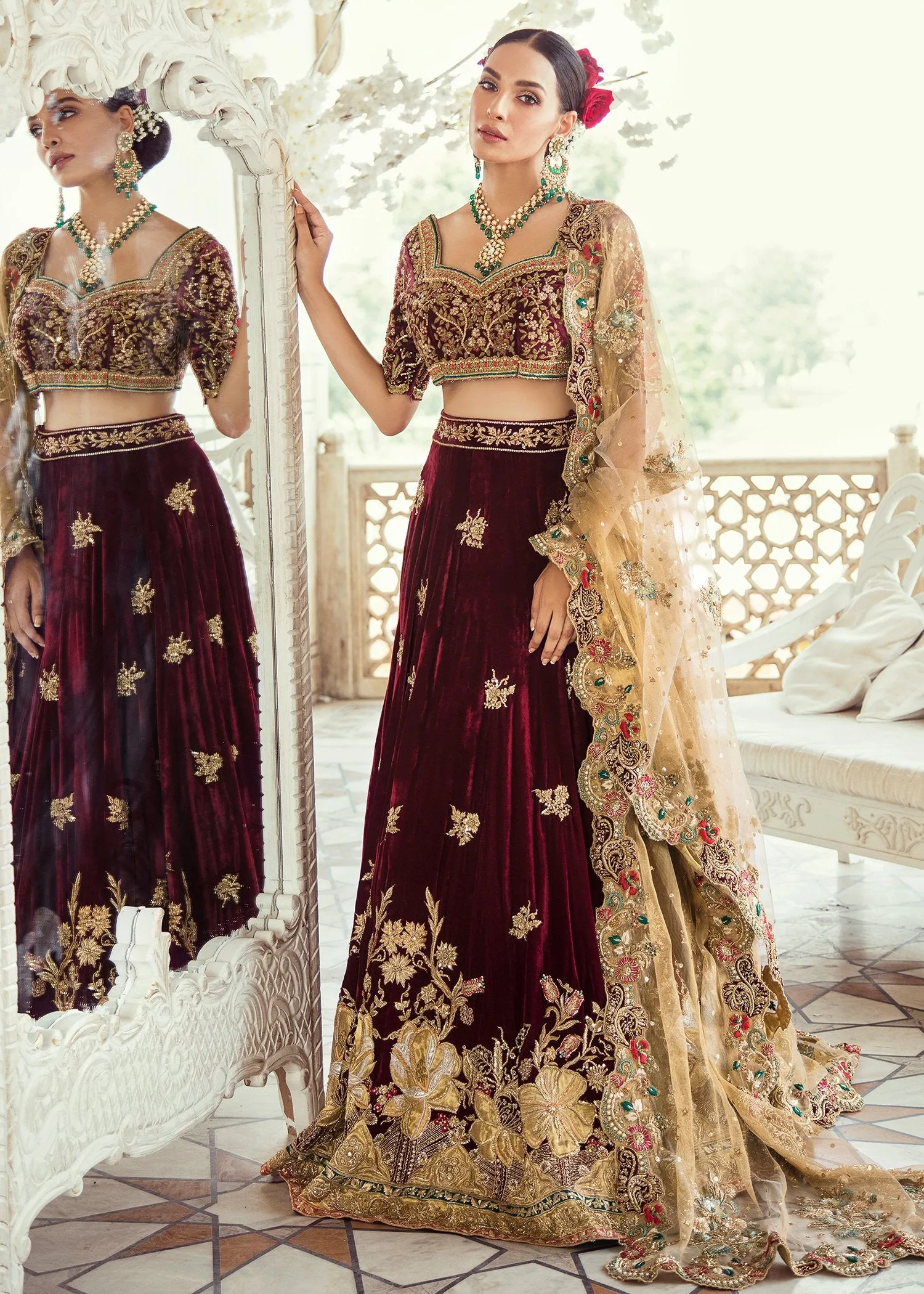 Pakistani Bridal Maroon Velvet Lehnga Dress #J5101