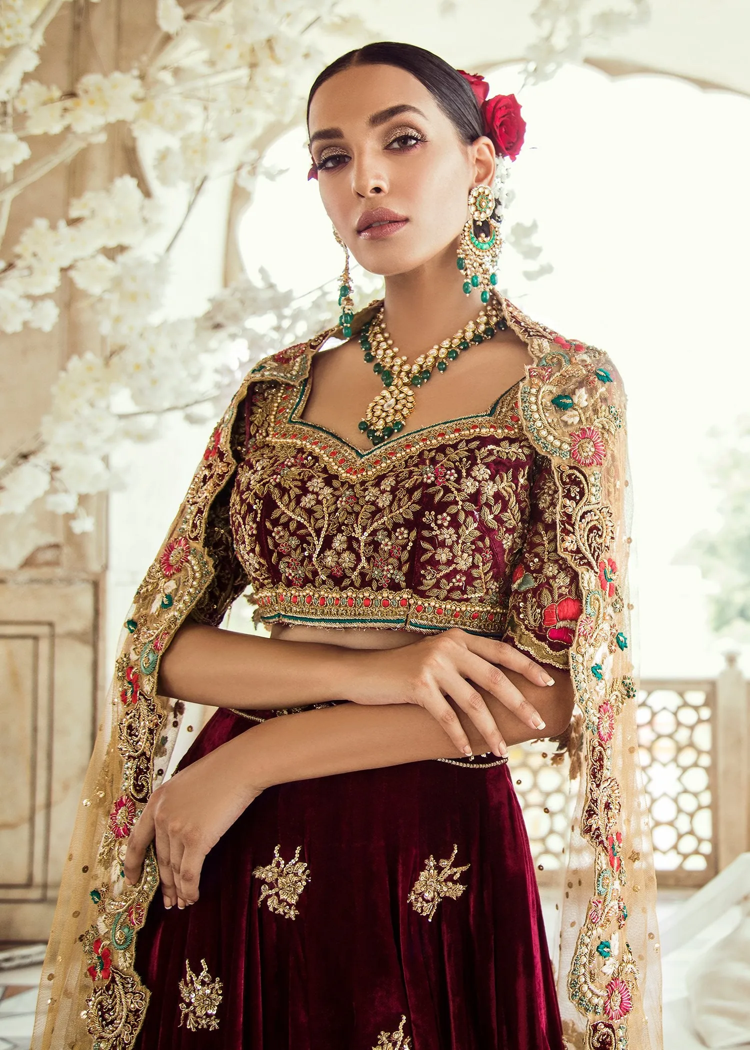 Pakistani Bridal Maroon Velvet Lehnga Dress #J5101