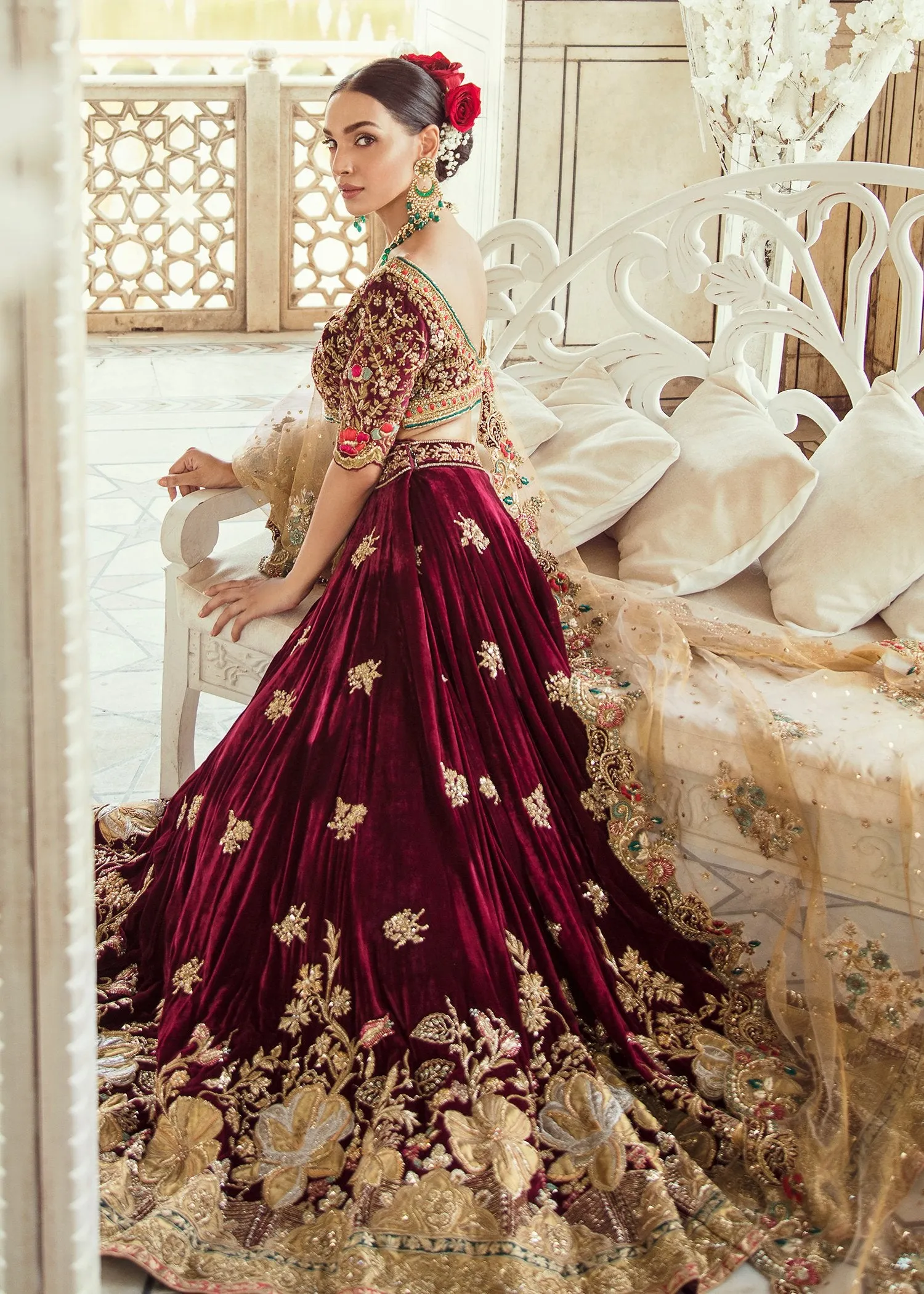 Pakistani Bridal Maroon Velvet Lehnga Dress #J5101