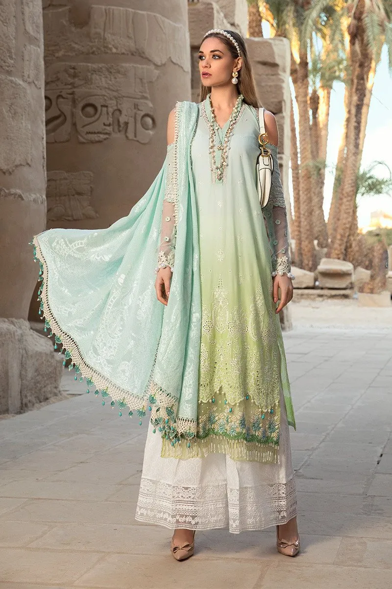 Pakistani embroidered designer eid dress in blue and green color # E2204