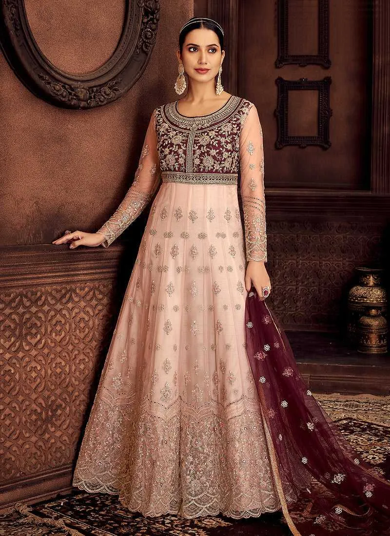 Peach and Purple Embroidered Kalidar Designer Anarkali Suit