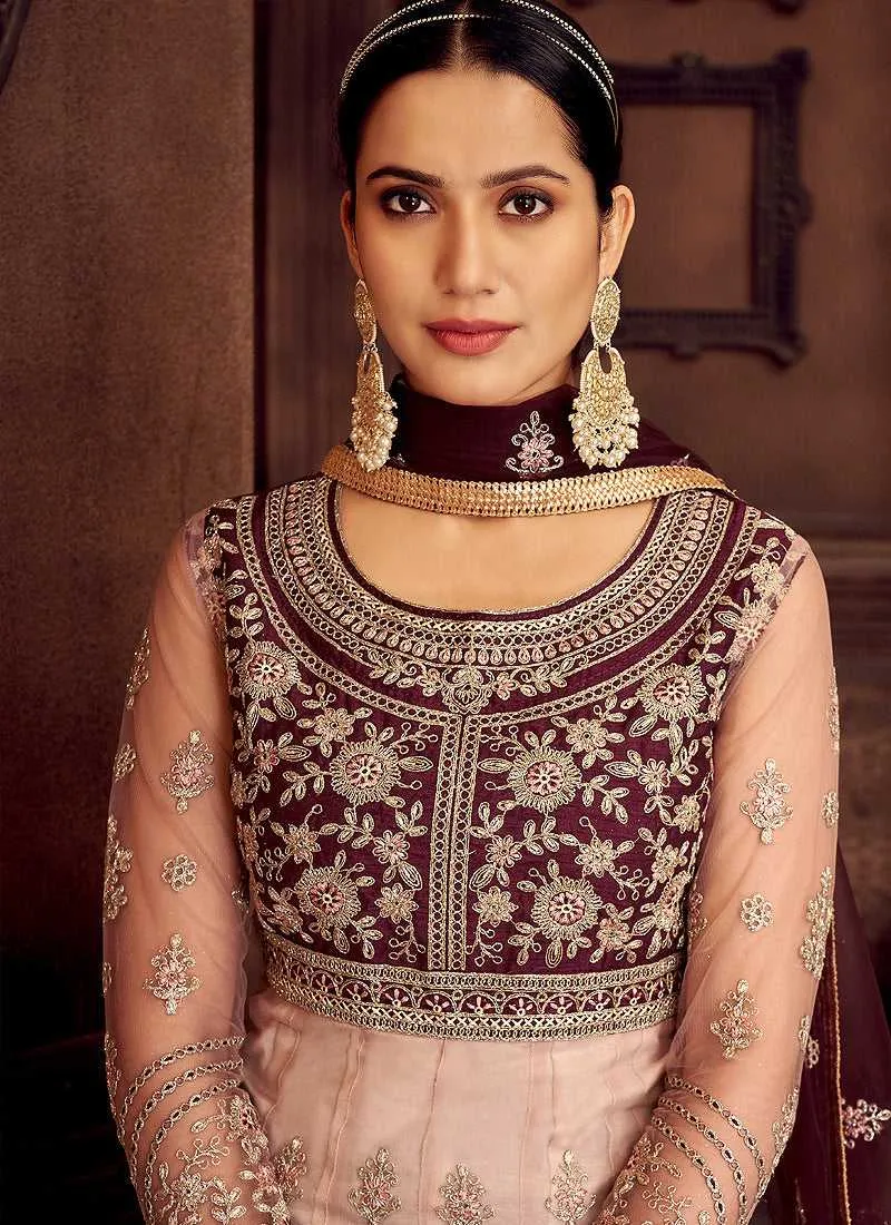 Peach and Purple Embroidered Kalidar Designer Anarkali Suit