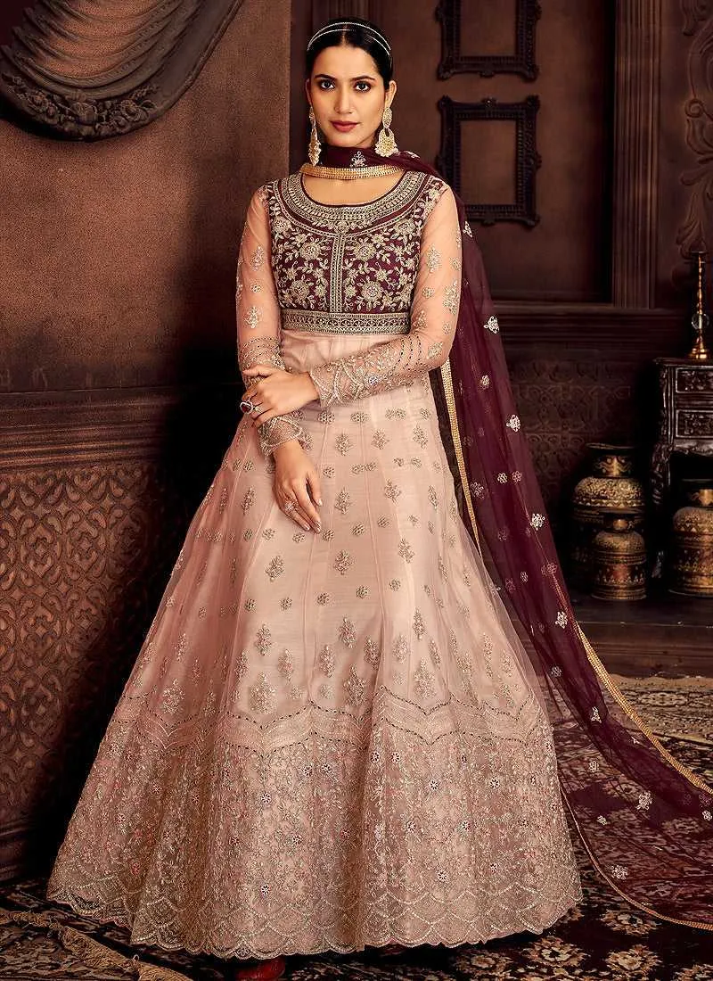 Peach and Purple Embroidered Kalidar Designer Anarkali Suit