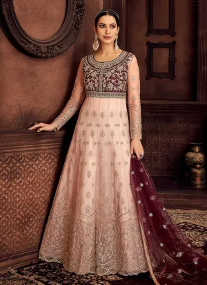 Peach and Purple Embroidered Kalidar Designer Anarkali Suit