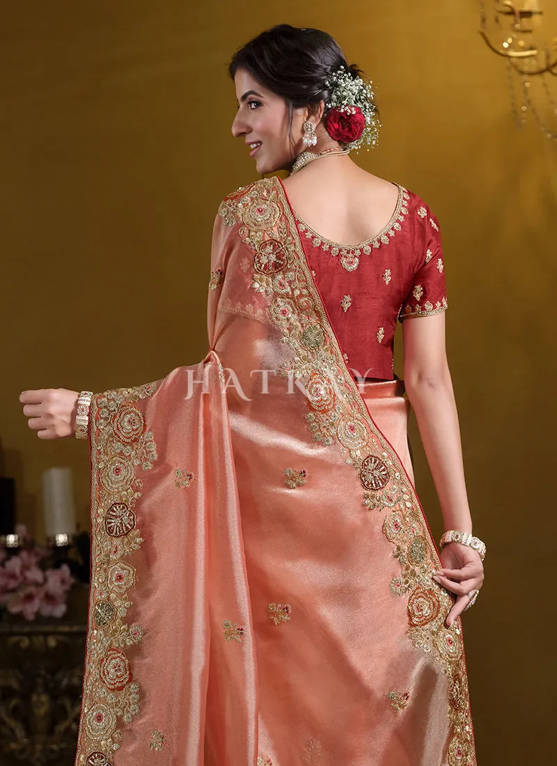 Peach And Red Embroidered Silk Saree