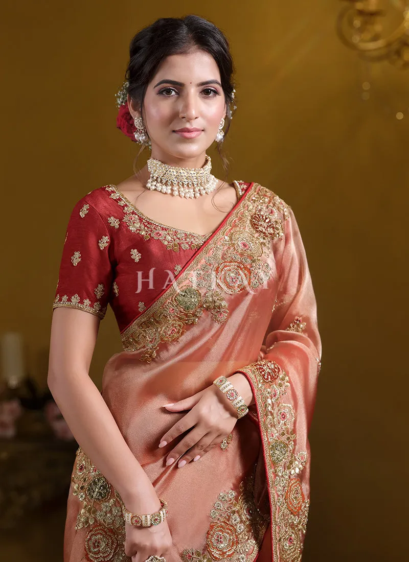 Peach And Red Embroidered Silk Saree