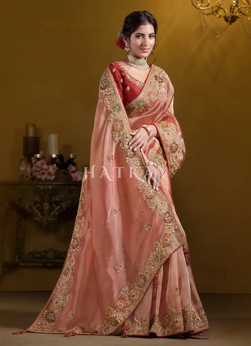 Peach And Red Embroidered Silk Saree