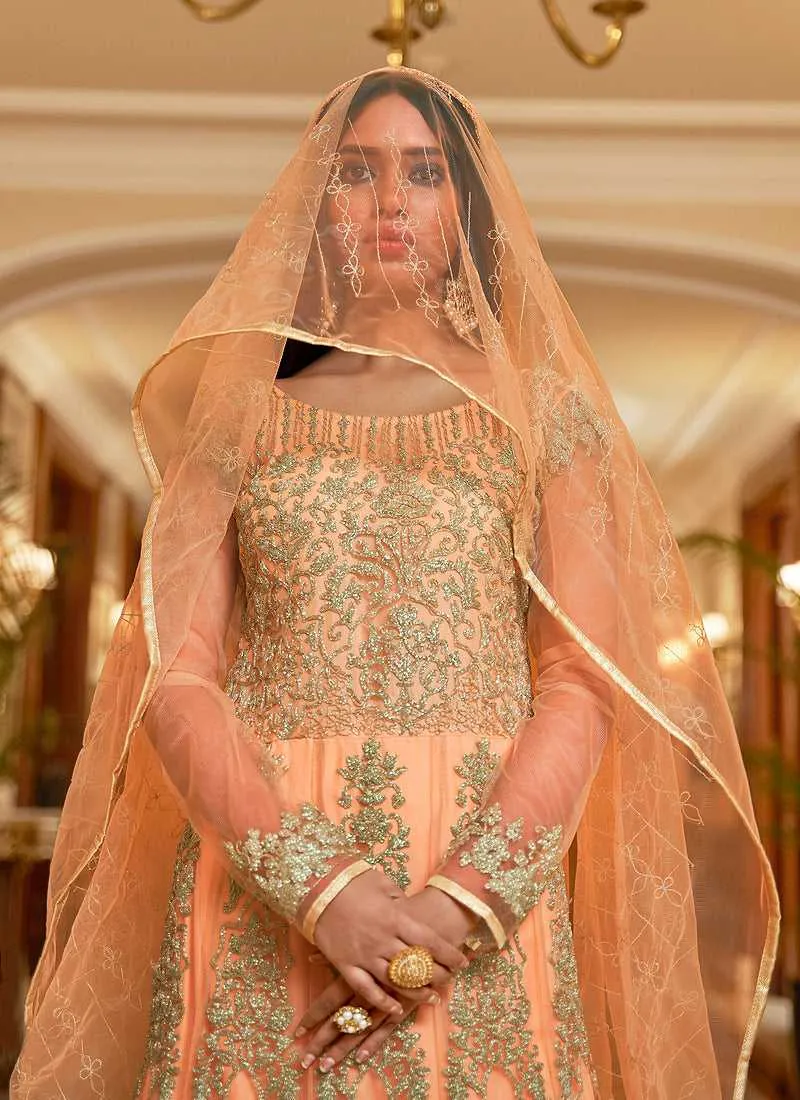 Peach Floral Designer Embroidered Kalidar Anarkali