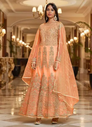 Peach Floral Designer Embroidered Kalidar Anarkali