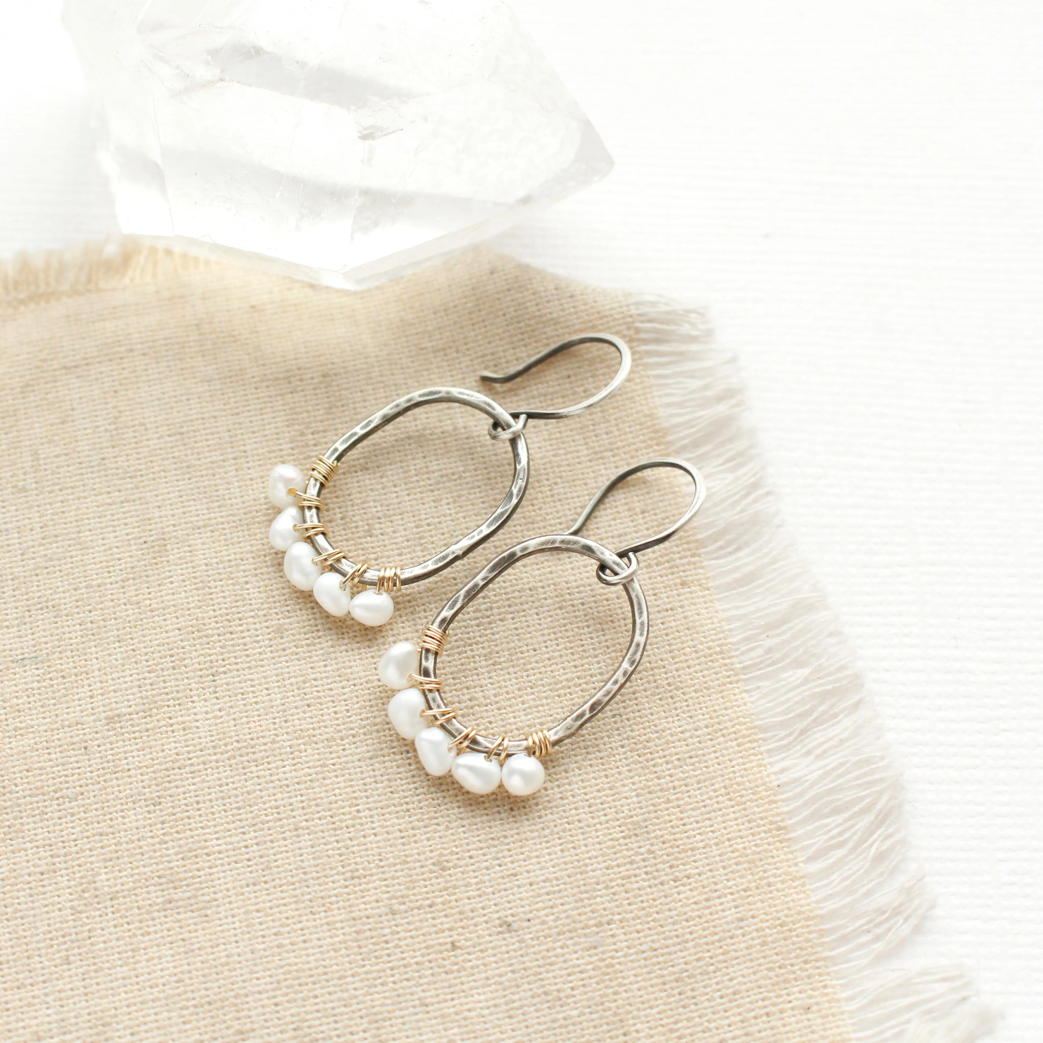 Pearl Wrapped Mixed Metal Oval Earrings