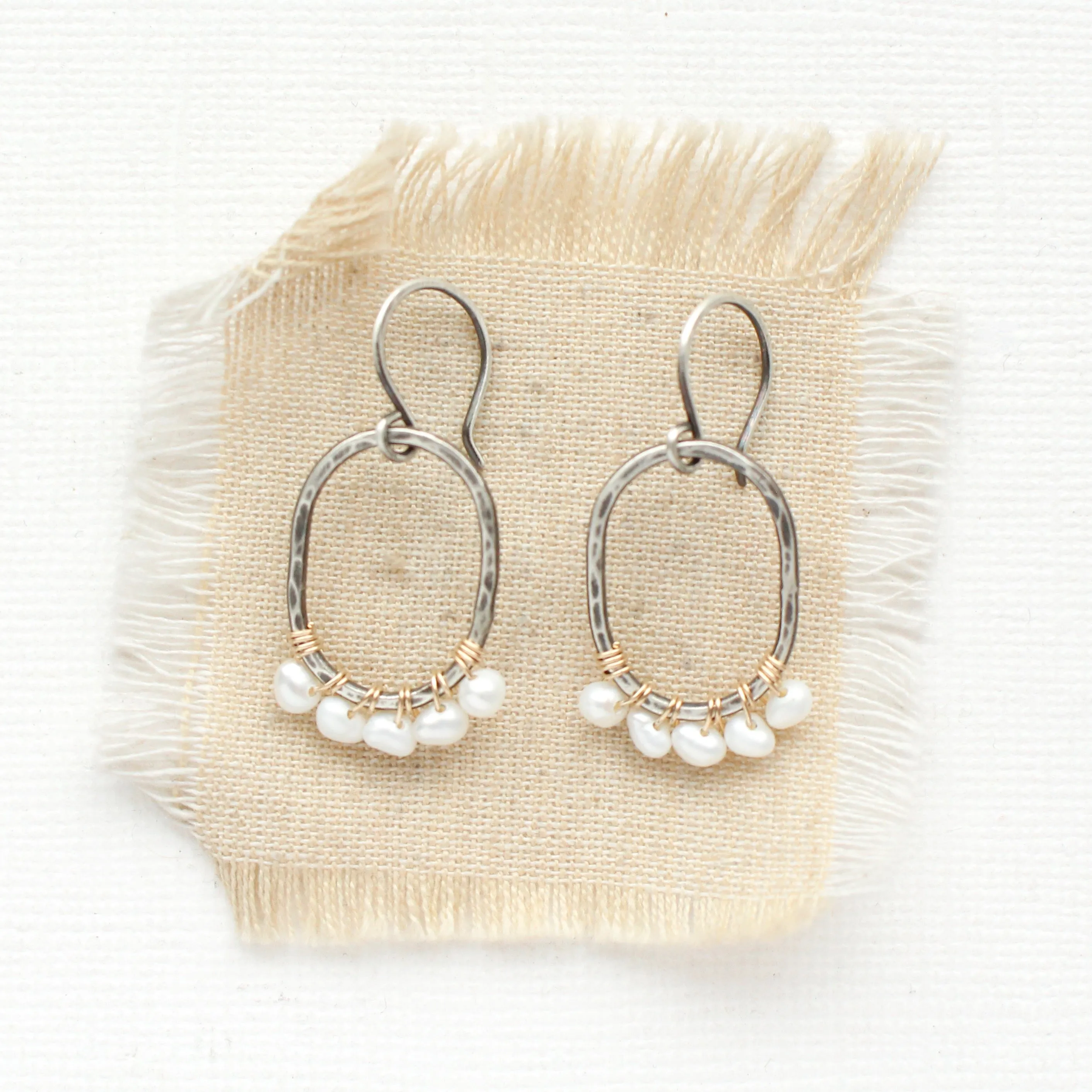 Pearl Wrapped Mixed Metal Oval Earrings