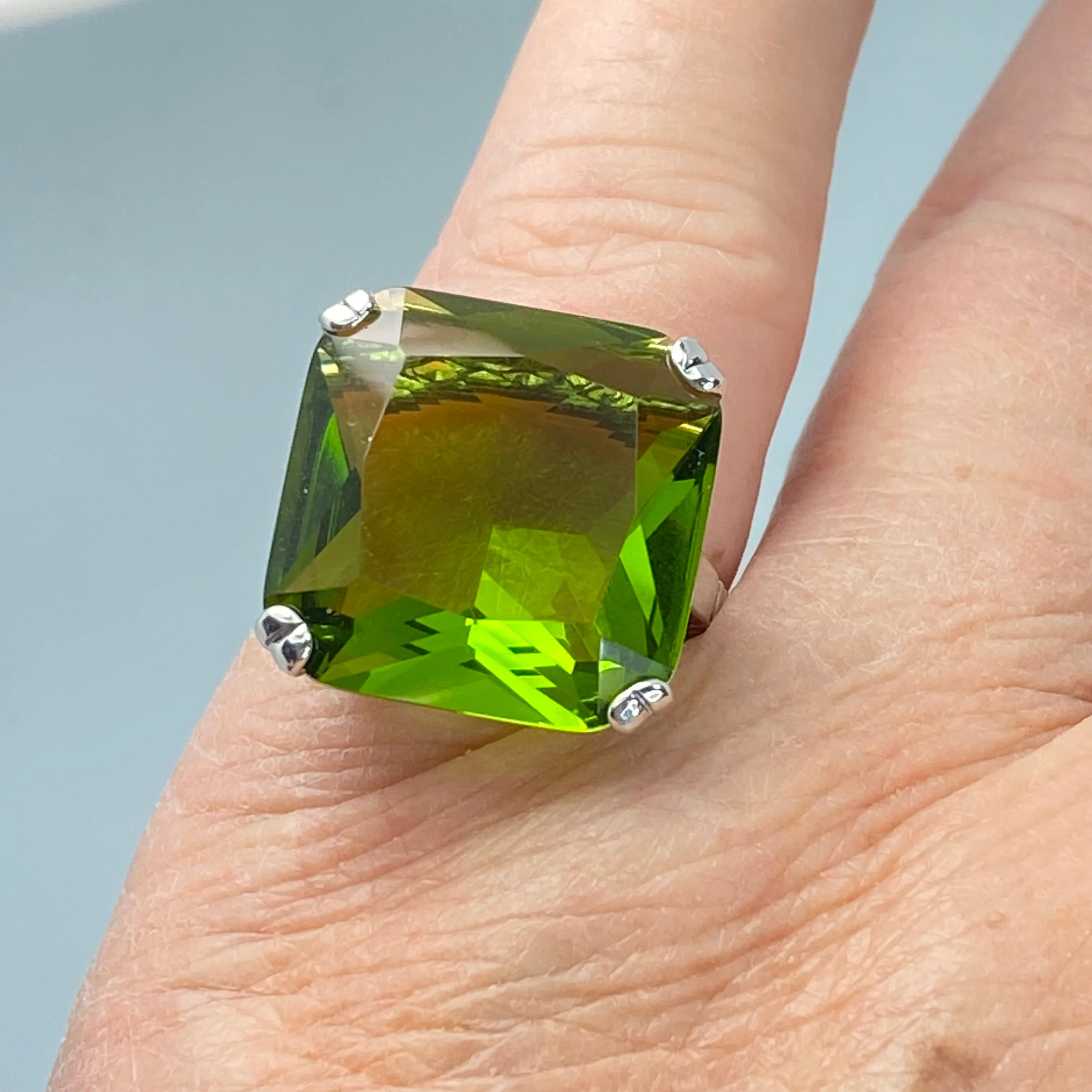 Peridot Ring, Size 7, 20ct Big Huge Square Gem, Vintage Jewelry #D1 - Ready to Ship