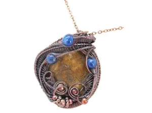 Petrified Wood and Blue Kyanite Wire-Wrapped Pendant Necklace in Bronze