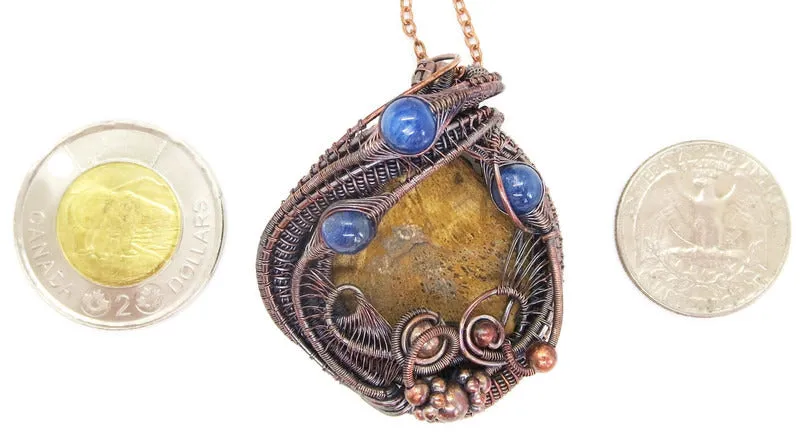 Petrified Wood and Blue Kyanite Wire-Wrapped Pendant Necklace in Bronze