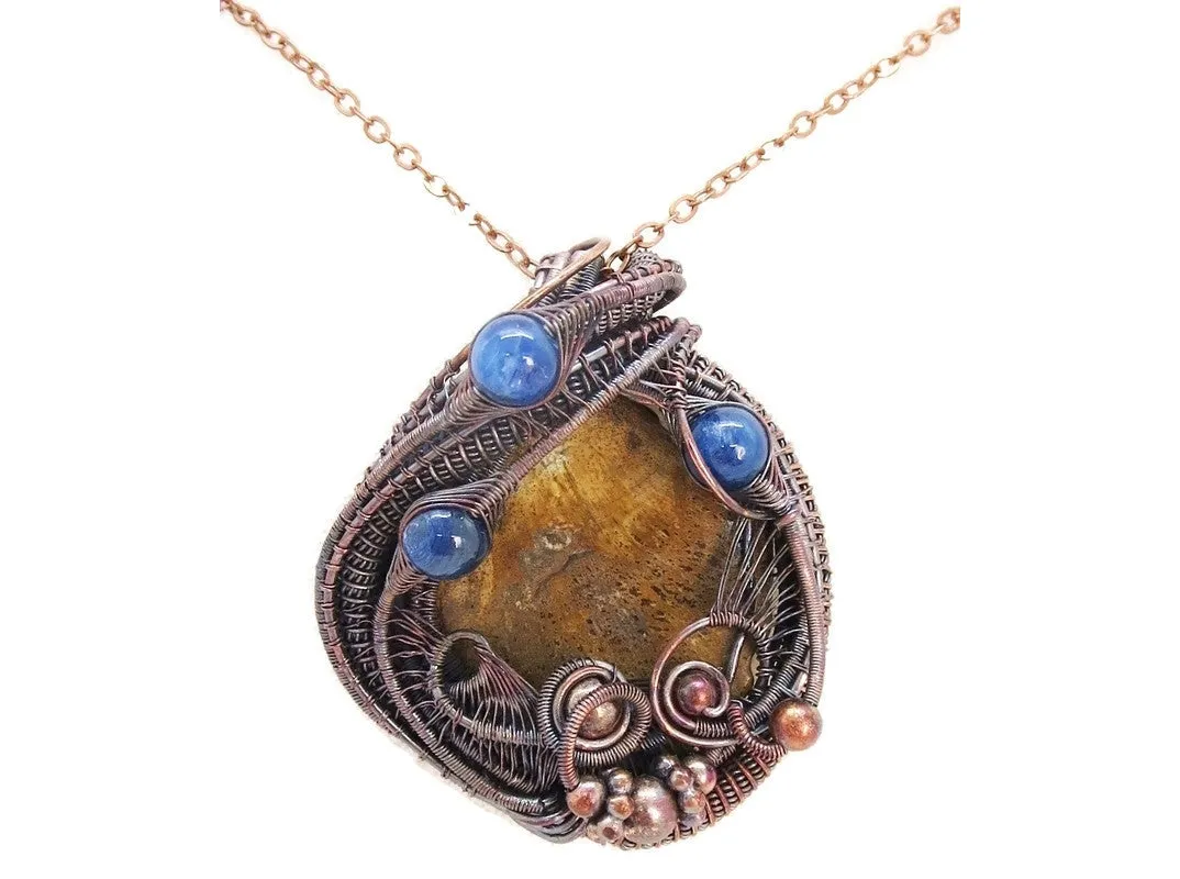 Petrified Wood and Blue Kyanite Wire-Wrapped Pendant Necklace in Bronze