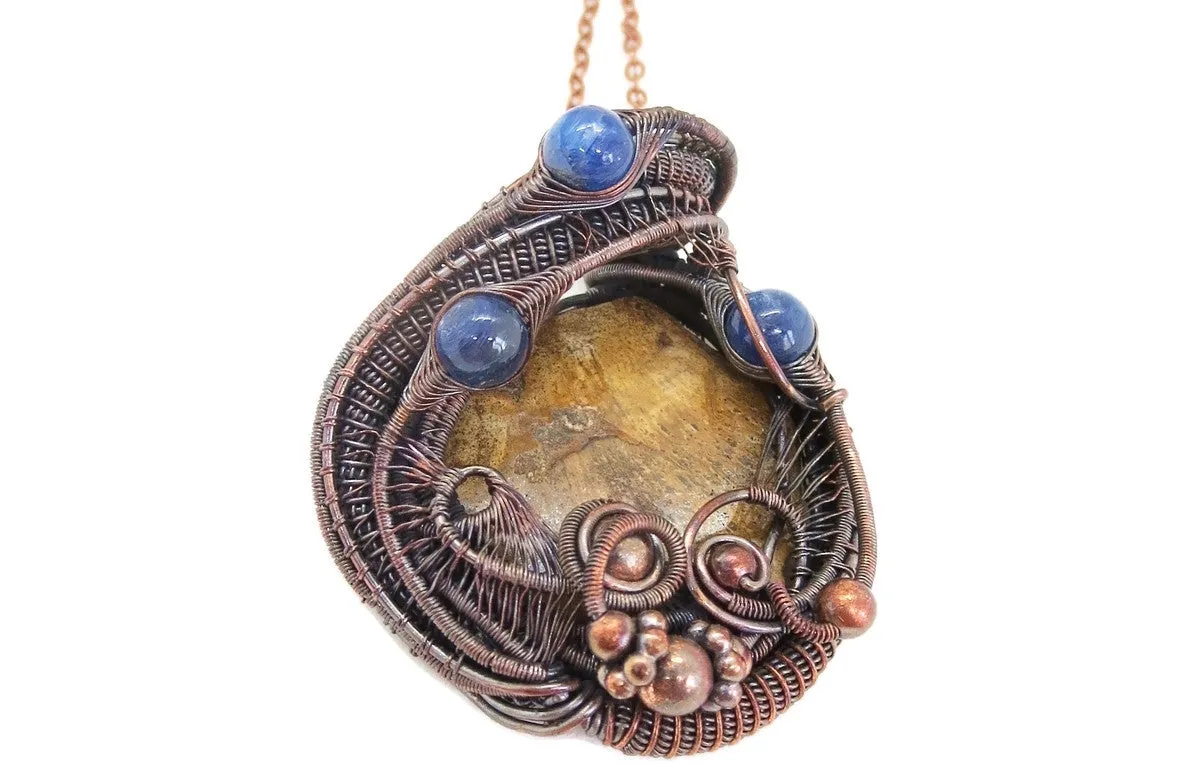 Petrified Wood and Blue Kyanite Wire-Wrapped Pendant Necklace in Bronze