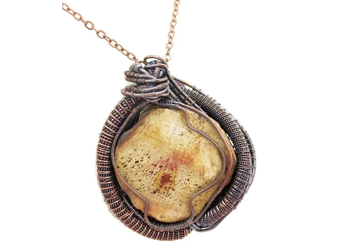 Petrified Wood and Blue Kyanite Wire-Wrapped Pendant Necklace in Bronze