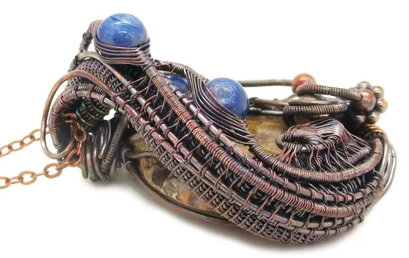Petrified Wood and Blue Kyanite Wire-Wrapped Pendant Necklace in Bronze