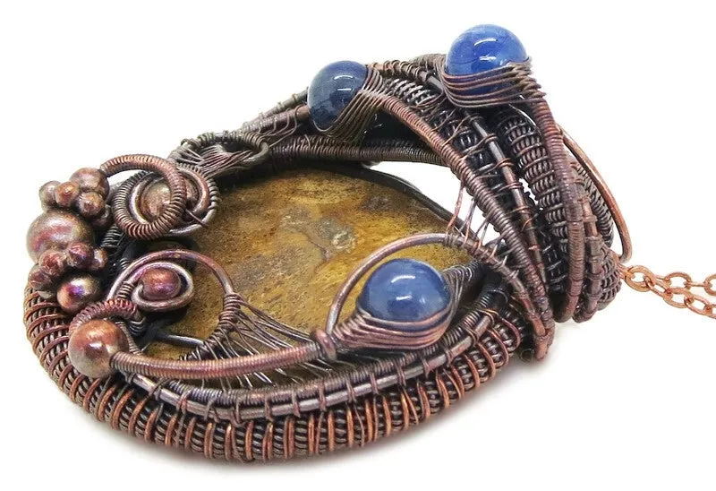 Petrified Wood and Blue Kyanite Wire-Wrapped Pendant Necklace in Bronze