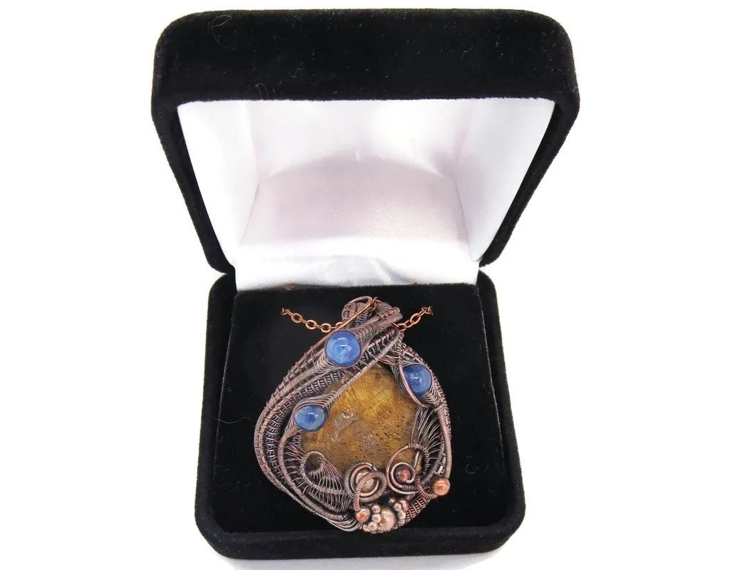 Petrified Wood and Blue Kyanite Wire-Wrapped Pendant Necklace in Bronze