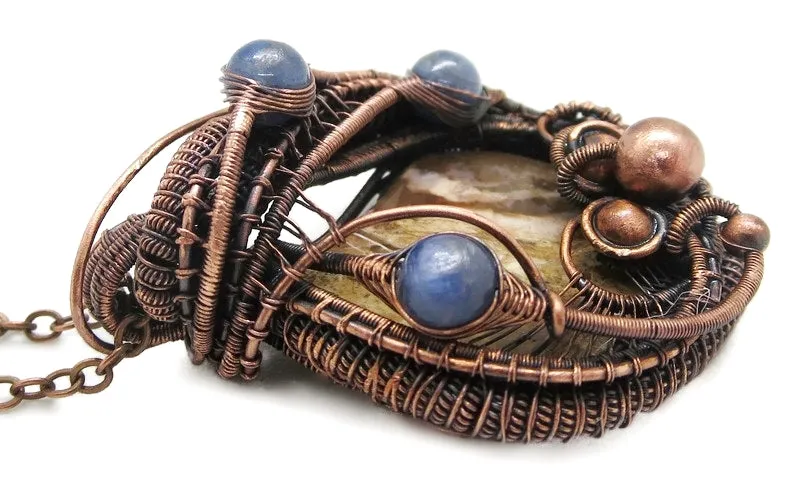 Petrified Wood Pendant Necklace, Wire-Wrapped in Bronze with Blue Kyanite