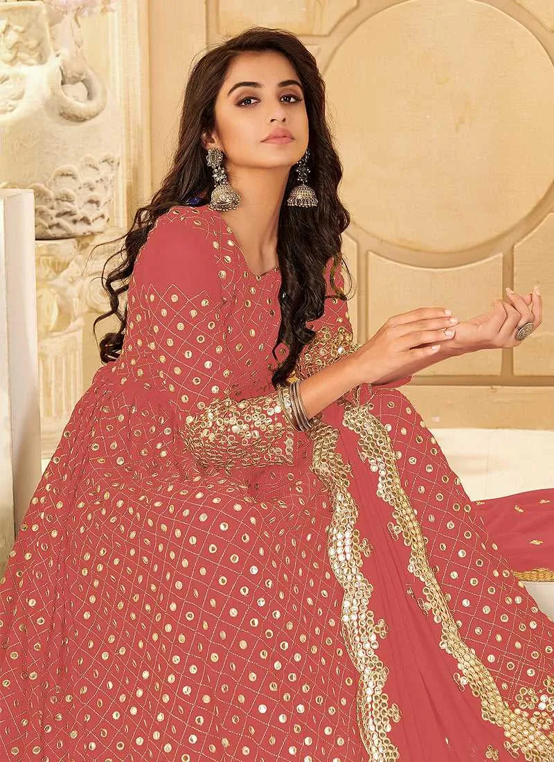 Pink And Gold Mirror Embroidered Kalidar Gown Style Anarkali