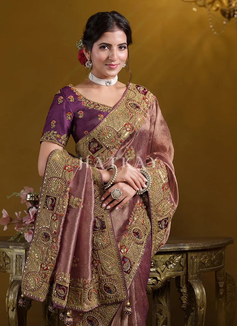 Pink And Purple Embroidered Silk Saree