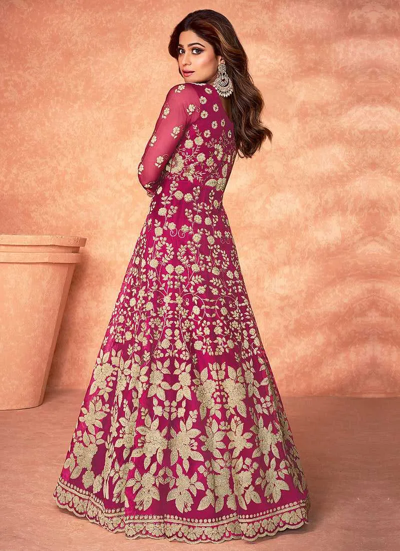Pink Floral Embroidered Stylish Kalidar Anarkali