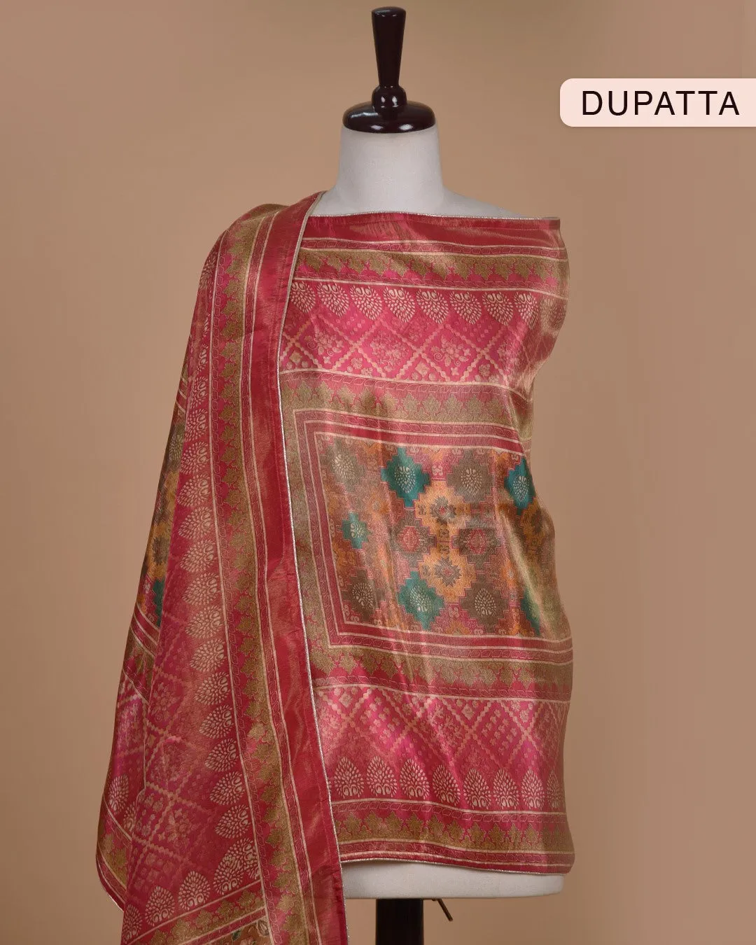 Pink Satin Silk Blend Printed With Embroidery Unstitched Suit Fabric Set With Satin Silk Blend Printed Dupatta