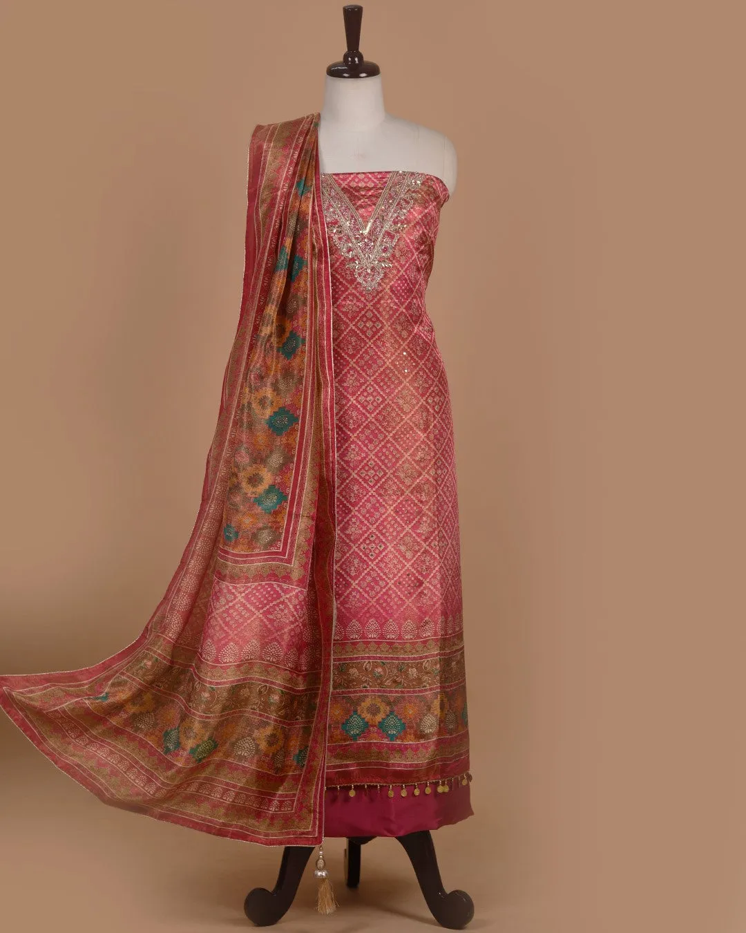 Pink Satin Silk Blend Printed With Embroidery Unstitched Suit Fabric Set With Satin Silk Blend Printed Dupatta
