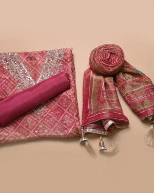 Pink Satin Silk Blend Printed With Embroidery Unstitched Suit Fabric Set With Satin Silk Blend Printed Dupatta