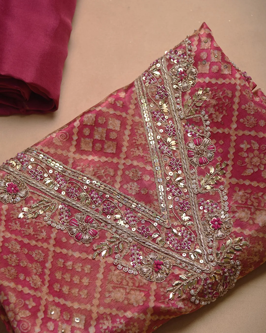 Pink Satin Silk Blend Printed With Embroidery Unstitched Suit Fabric Set With Satin Silk Blend Printed Dupatta