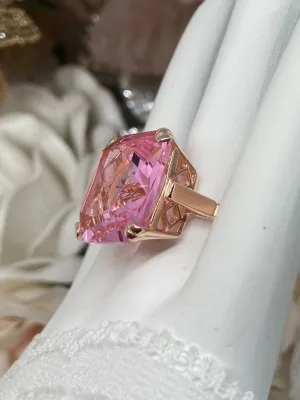 Pink Topaz Ring, 20ct Big Huge Square Gem, Rose Gold plated Vintage Jewelry #D1