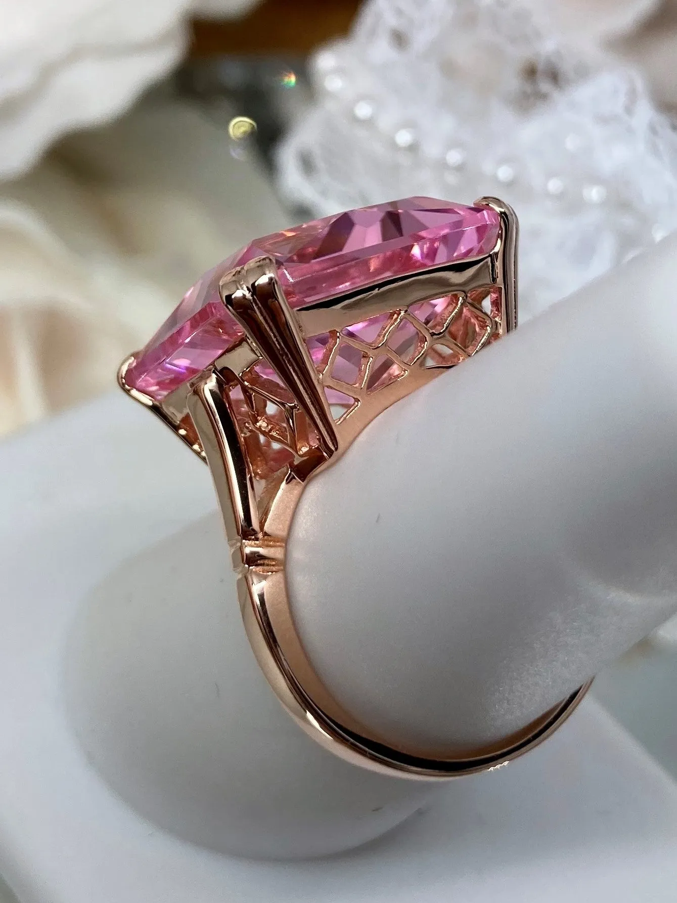 Pink Topaz Ring, 20ct Big Huge Square Gem, Rose Gold plated Vintage Jewelry #D1