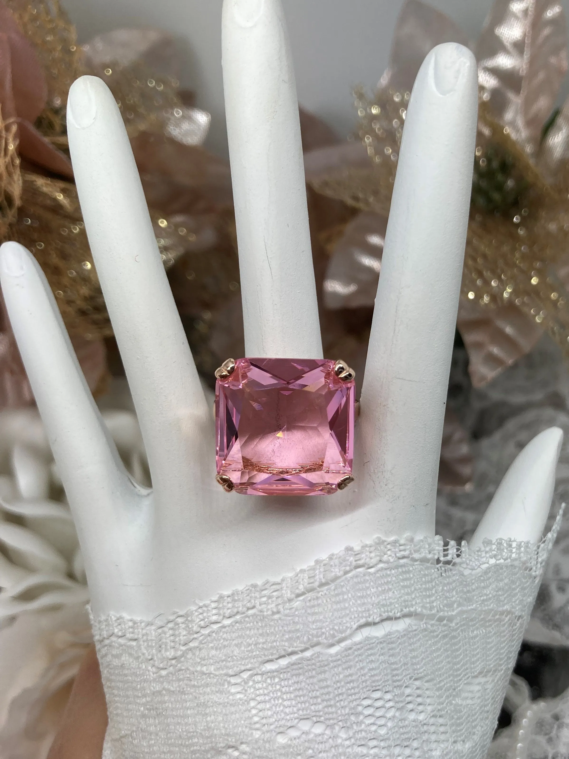 Pink Topaz Ring, 20ct Big Huge Square Gem, Rose Gold plated Vintage Jewelry #D1