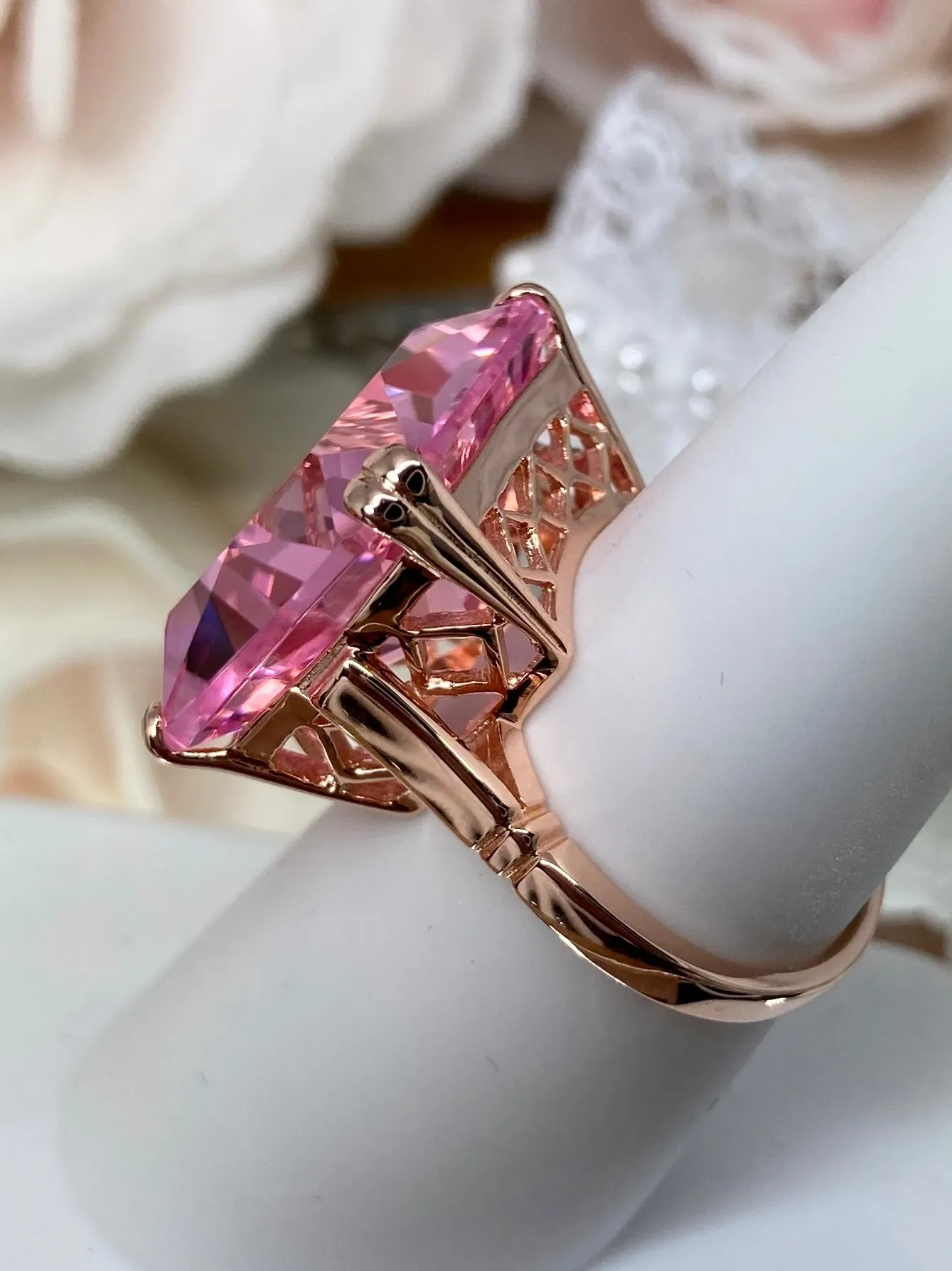Pink Topaz Ring, 20ct Big Huge Square Gem, Rose Gold plated Vintage Jewelry #D1