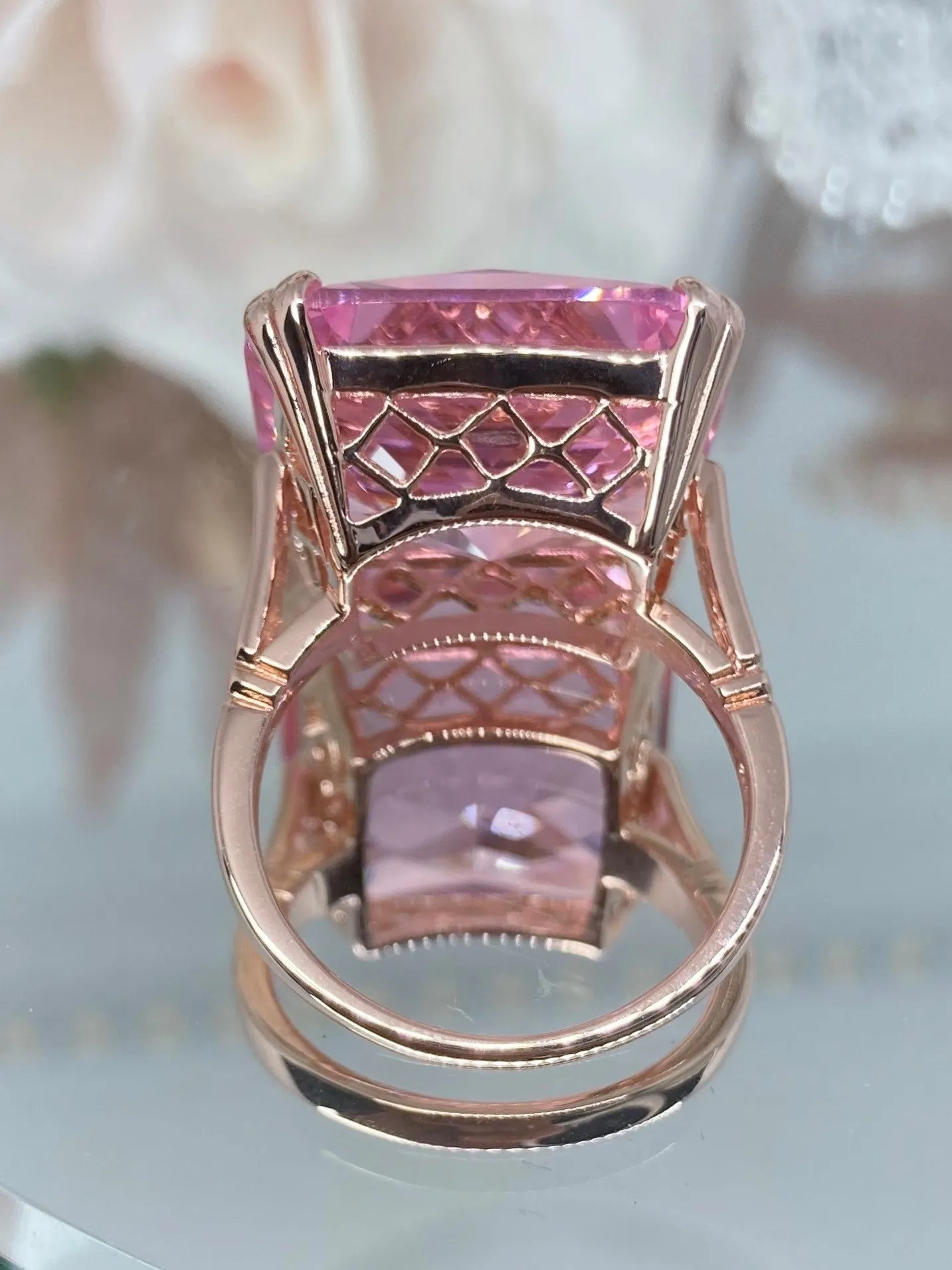 Pink Topaz Ring, 20ct Big Huge Square Gem, Rose Gold plated Vintage Jewelry #D1