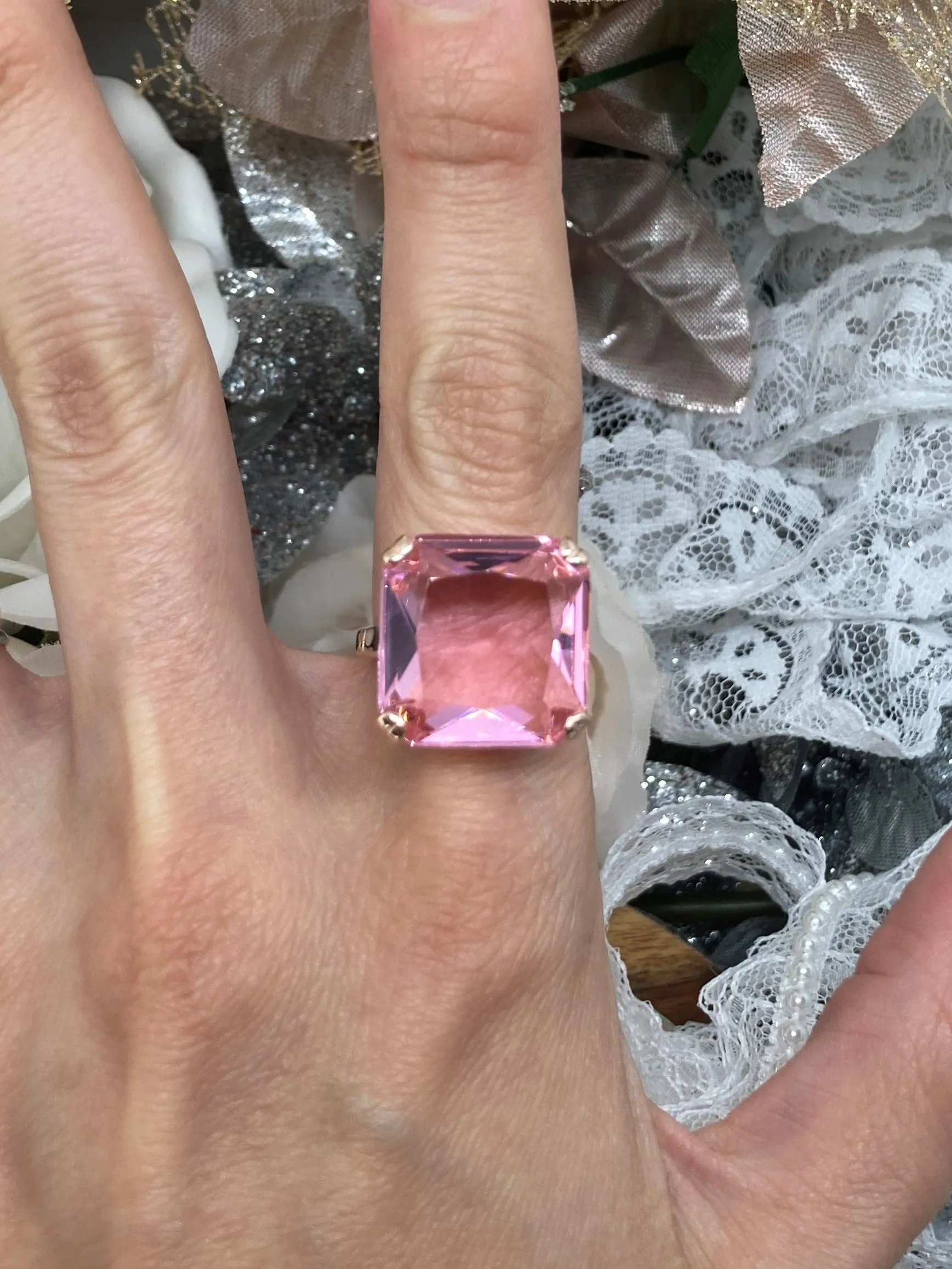 Pink Topaz Ring, 20ct Big Huge Square Gem, Rose Gold plated Vintage Jewelry #D1