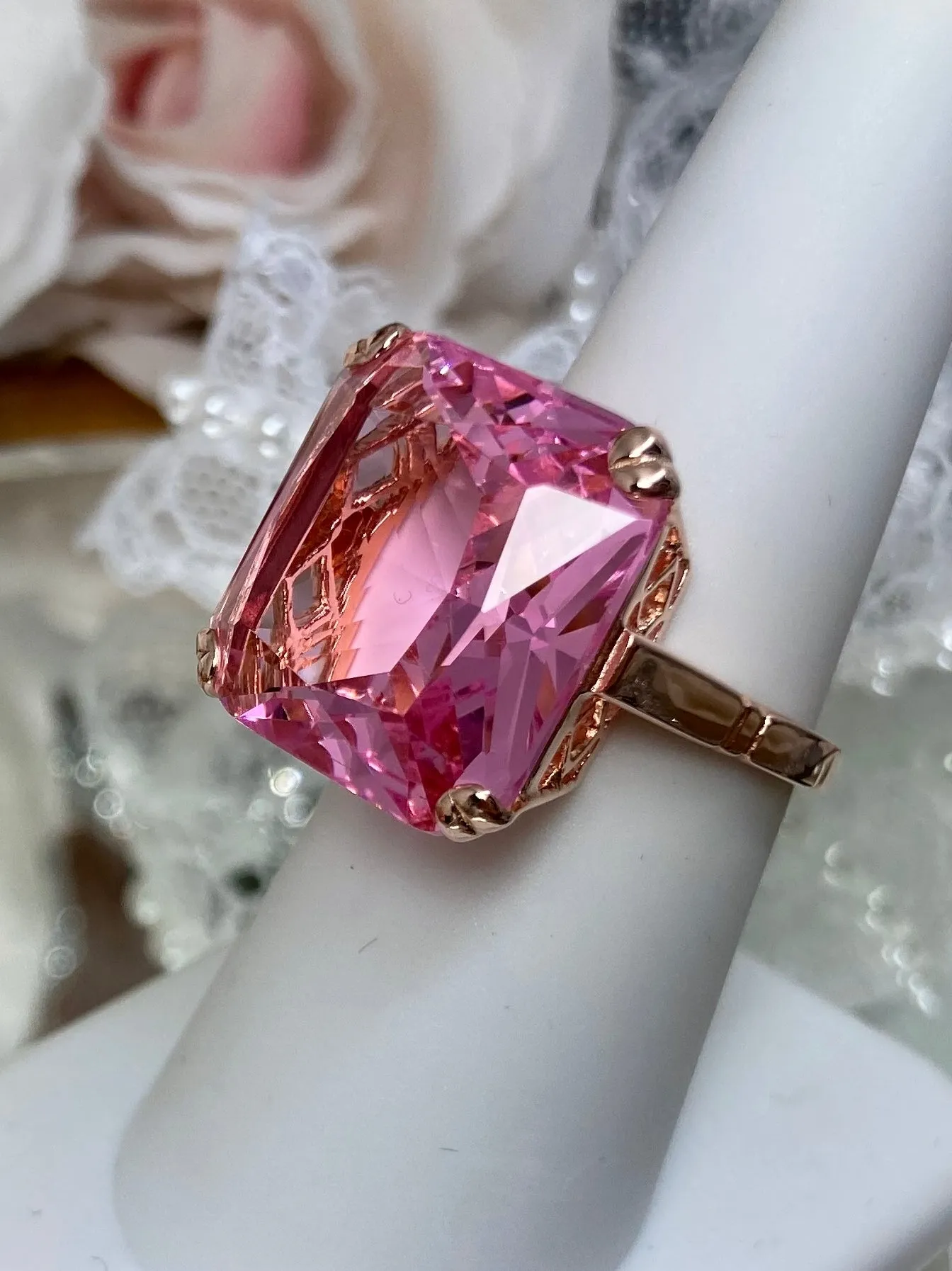 Pink Topaz Ring, 20ct Big Huge Square Gem, Rose Gold plated Vintage Jewelry #D1