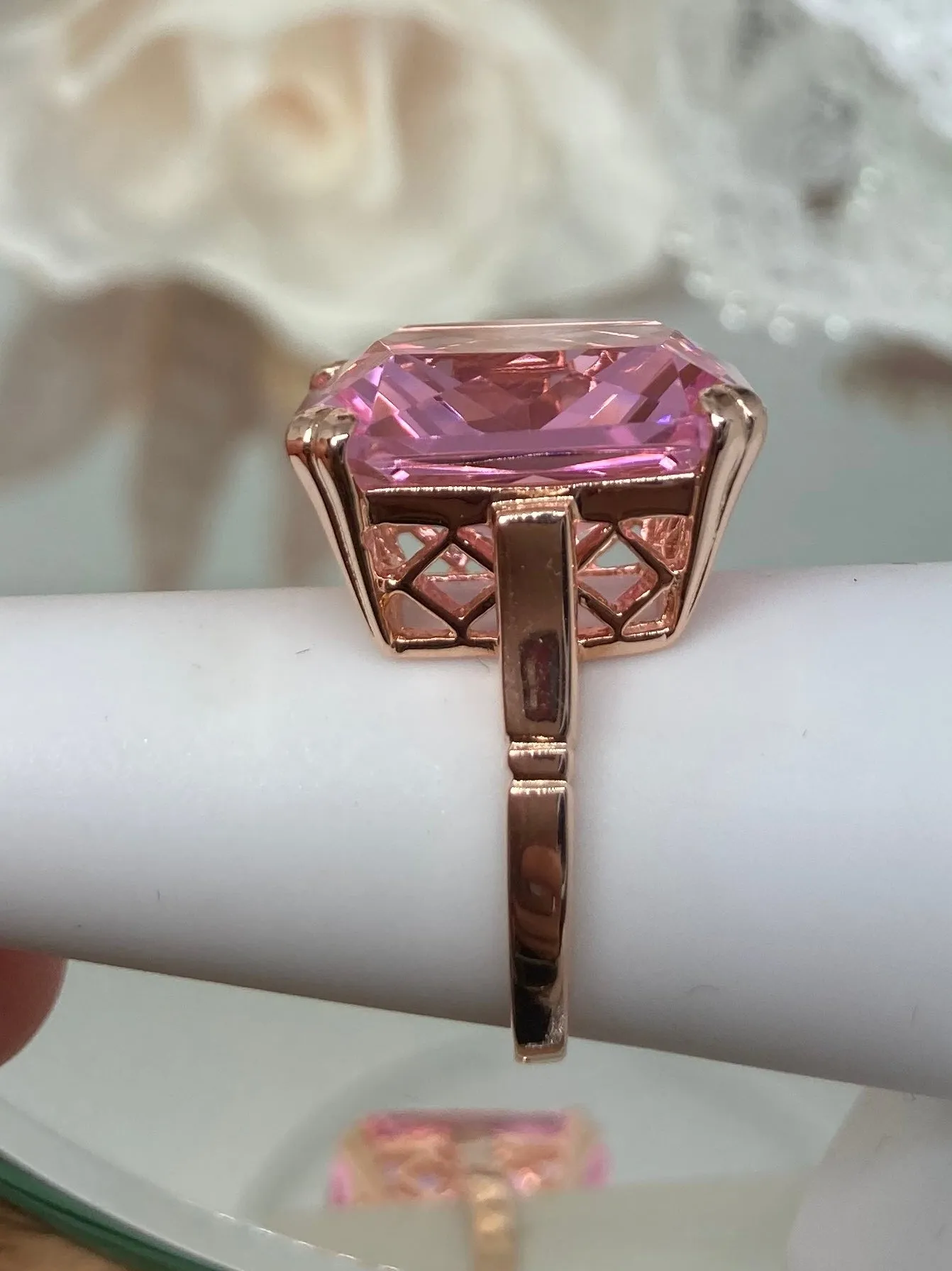 Pink Topaz Ring, 20ct Big Huge Square Gem, Rose Gold plated Vintage Jewelry #D1