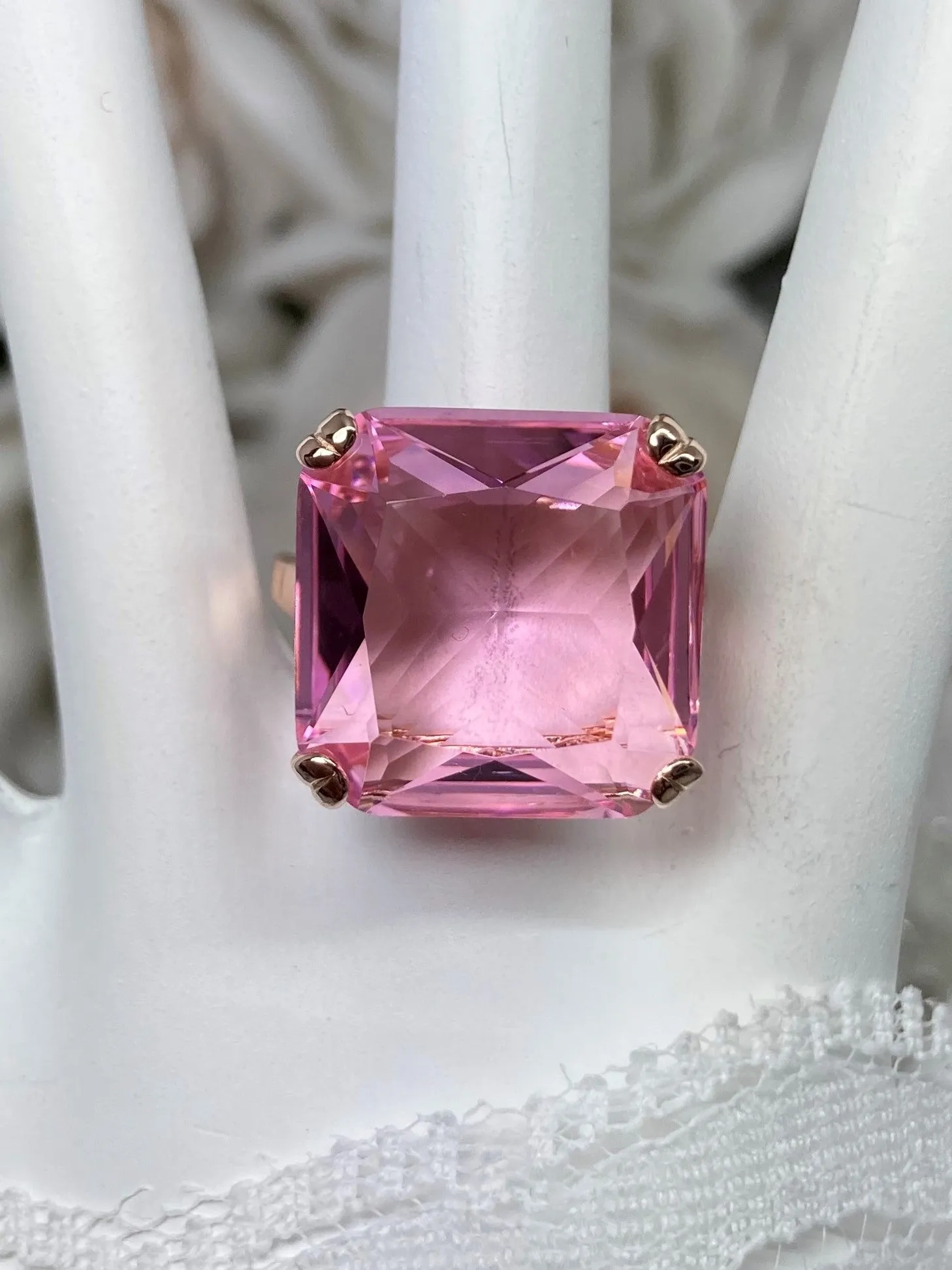 Pink Topaz Ring, 20ct Big Huge Square Gem, Rose Gold plated Vintage Jewelry #D1