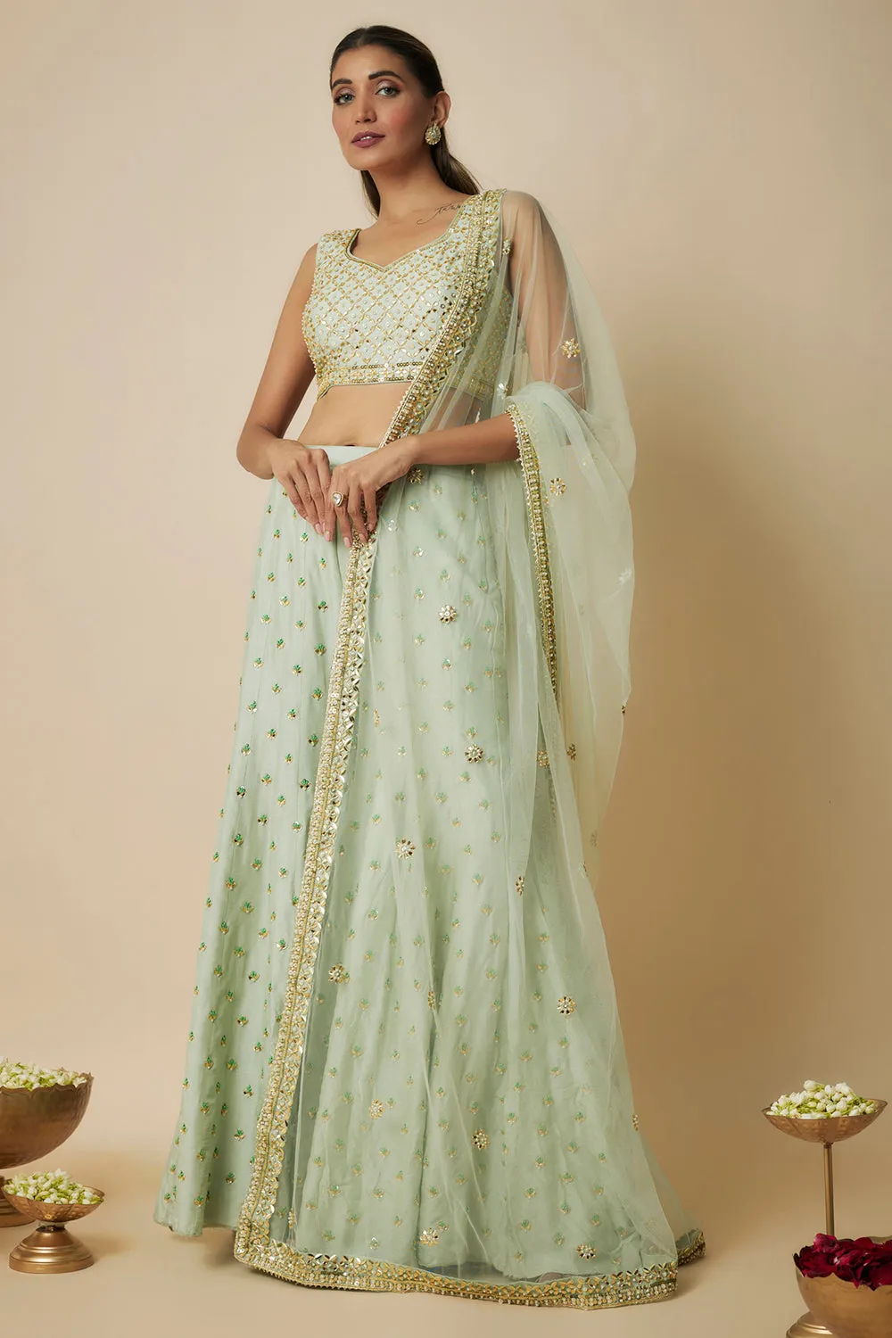 Pista Green Embroidered Sharara Sari Set