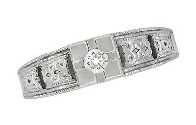Platinum Art Deco Square Top Carved Filigree Diamond Engagement Ring