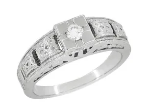 Platinum Art Deco Square Top Carved Filigree Diamond Engagement Ring