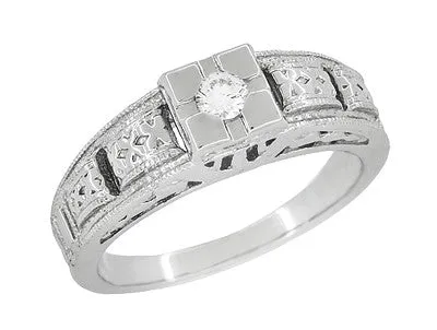 Platinum Art Deco Square Top Carved Filigree Diamond Engagement Ring