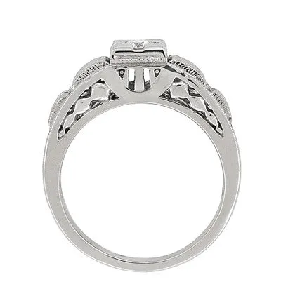 Platinum Art Deco Square Top Carved Filigree Diamond Engagement Ring