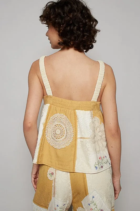 POL Embroidered Crochet Lace Patch Square Neck Cami
