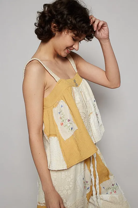 POL Embroidered Crochet Lace Patch Square Neck Cami