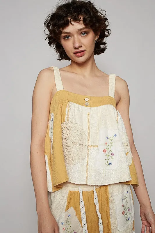 POL Embroidered Crochet Lace Patch Square Neck Cami